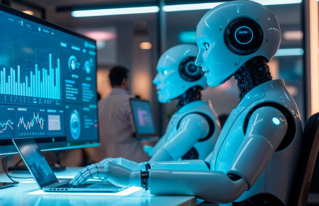 Humanoid robots working on laptops with data charts displayed.