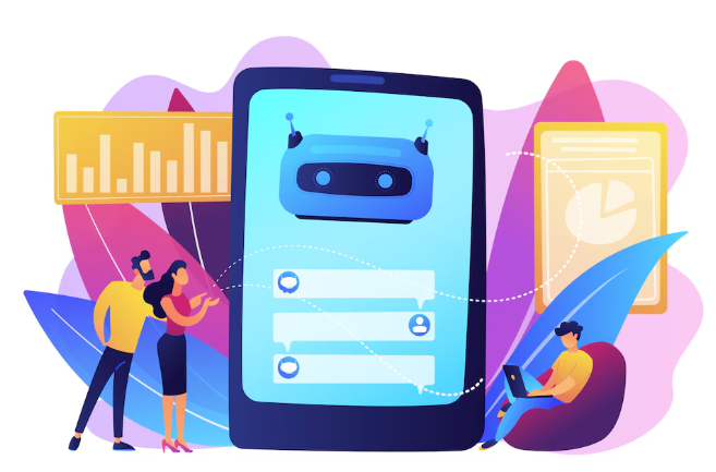 People interacting with a large smartphone screen showing chatbot conversation.
