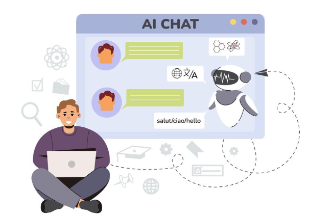 AI chatbot interface on screen with human and robot chatting together.