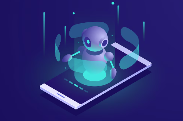 Holographic robot emerging from smartphone, symbolizing virtual AI assistant.