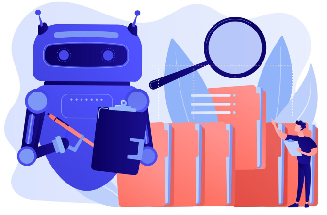 Illustration of robot holding clipboard beside folders and magnifying glass.
