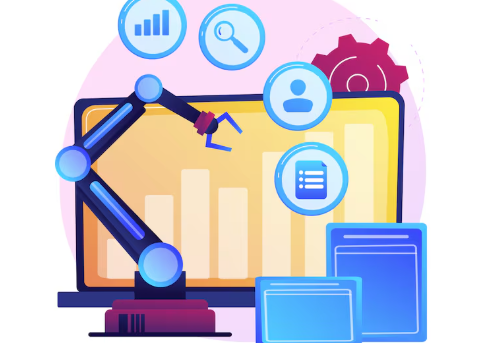 Automation robotic arm interacting with digital data icons and charts.