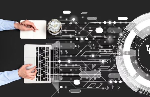 Person using laptop with abstract digital circuits and futuristic interface.