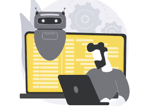 Illustration of man working on laptop with robot assistant nearby.