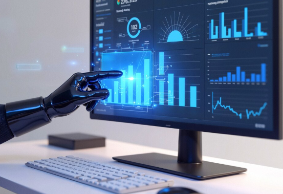 Robot hand pointing at digital graphs on futuristic analytics screen.