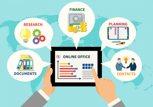 Hands holding tablet showing online office tools for productivity.