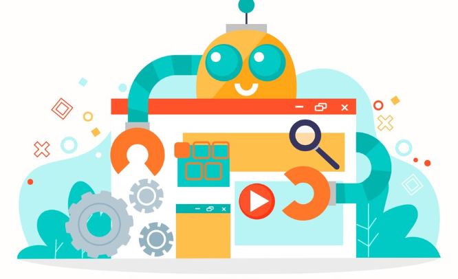 Colorful robot illustration with gears, wrench, and search icons.