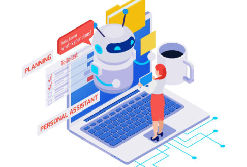 Woman interacting with robot assistant displaying planning and task tools.