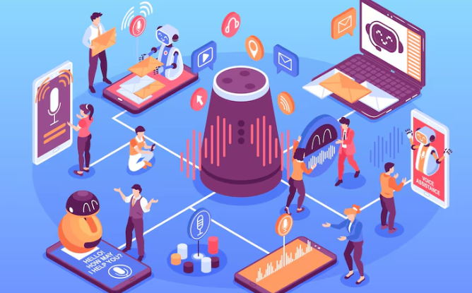 Illustration showing people using voice assistants and smart devices together.