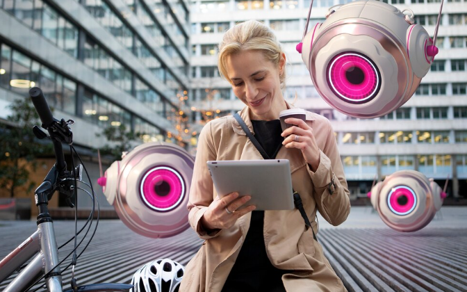 Smiling woman with tablet, surrounded by futuristic AI drones.