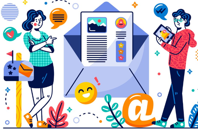 Illustration of people interacting with large email surrounded by emojis.