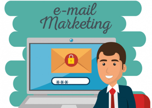 Cartoon businessman beside computer screen displaying email marketing graphic.