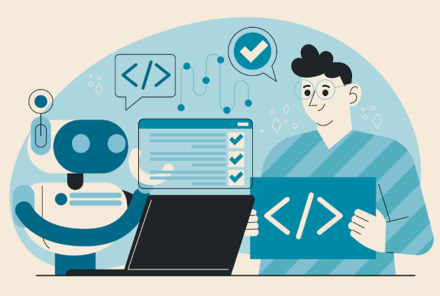 Developer collaborating with robot assistant while holding coding symbol board.