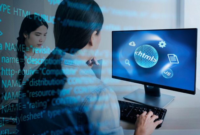 Woman coding on desktop computer with projected HTML code overlay.