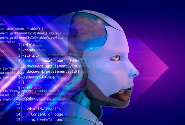 Futuristic robot head with digital programming code and artificial intelligence visuals.