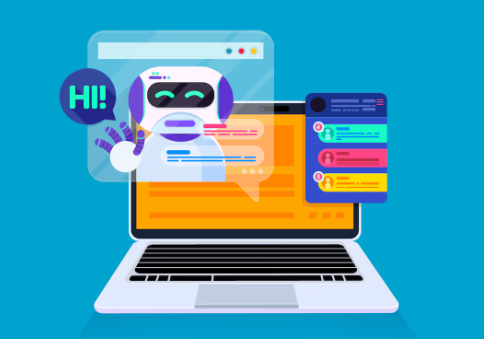 Chatbot illustration displayed on laptop screen with colorful conversation bubbles.