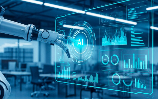 Robotic arm interacting with futuristic AI-powered digital dashboard screen.