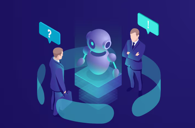 Two businessmen talking with holographic chatbot assistant in virtual space.