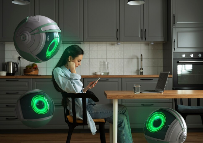 Woman at home using tablet, surrounded by green AI drones.