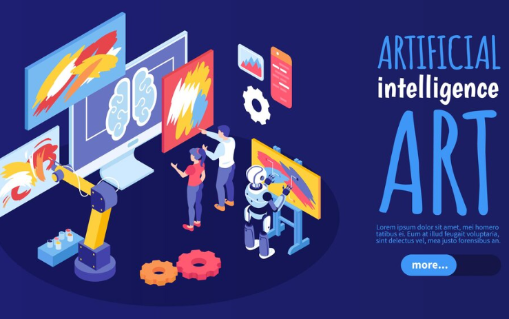 AI-generated digital art with robots and people creating paintings.