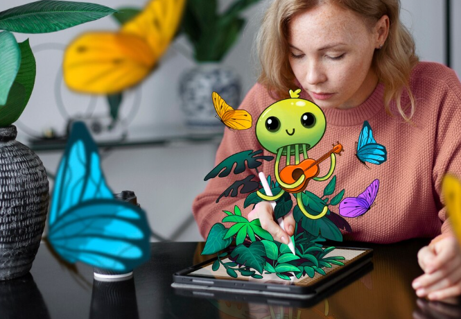Woman using tablet to create animated character with butterflies.