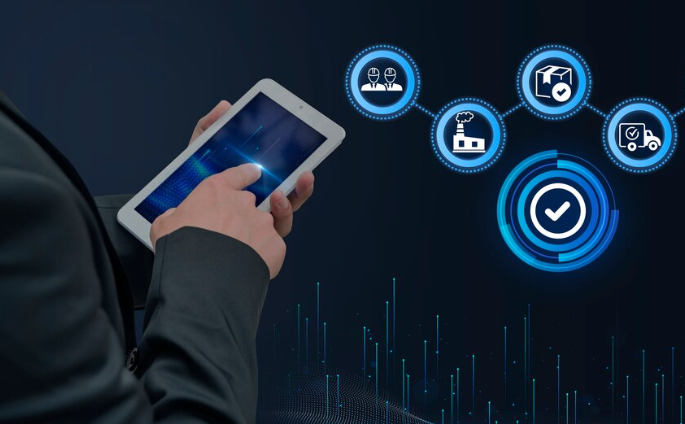 Businessman using tablet for AI-powered supply chain management.