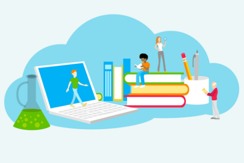 Laptop with books and miniature people learning in cloud.