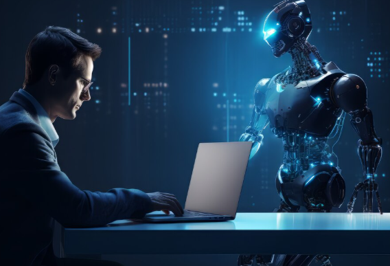 A man works on laptop while futuristic robot stands beside.