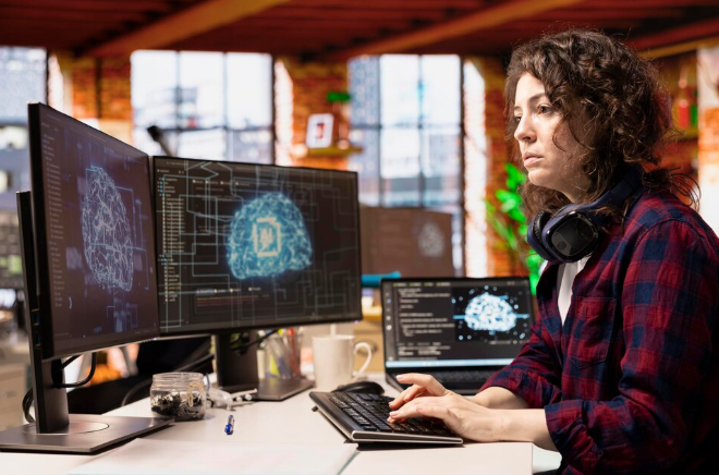 Woman analyzes brain-like digital patterns on dual computer screens.