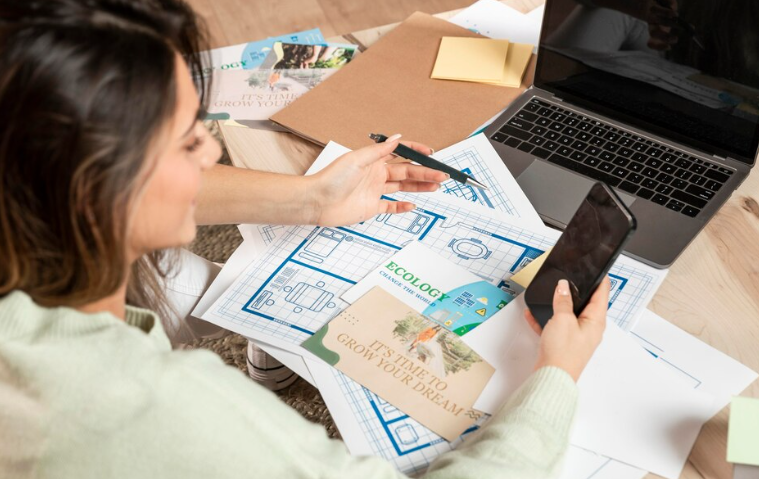 Woman reviews eco-friendly design blueprints with smartphone and laptop.