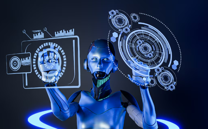 Futuristic robot interacts with holographic digital interface in dark space.