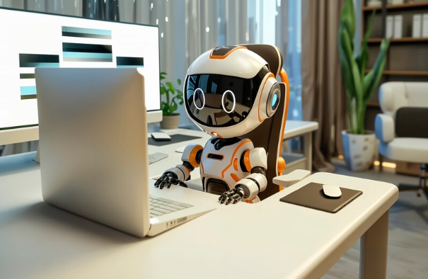 A small humanoid robot working on a laptop in office.