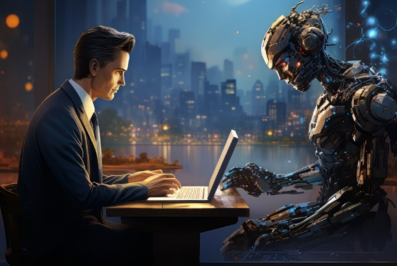 Businessman and humanoid robot sitting together using laptops at night.