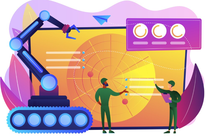 Illustration of robotic arm with people analyzing data on large screen.