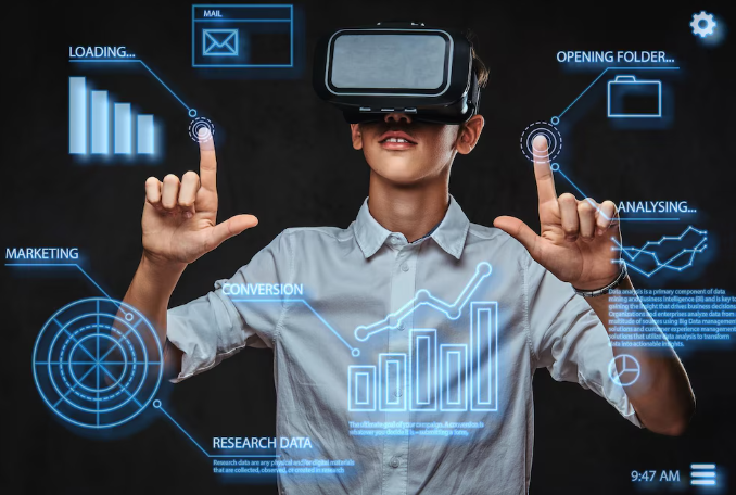 Young man in VR headset interacting with futuristic data visuals.