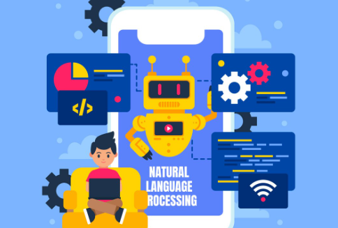 Boy with laptop and robot displaying natural language processing concepts.
