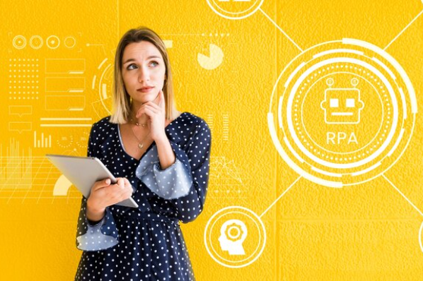 Woman holding tablet near digital RPA graphics on yellow background.