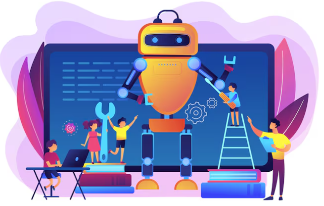 People collaborating with giant robot surrounded by tools and coding elements.