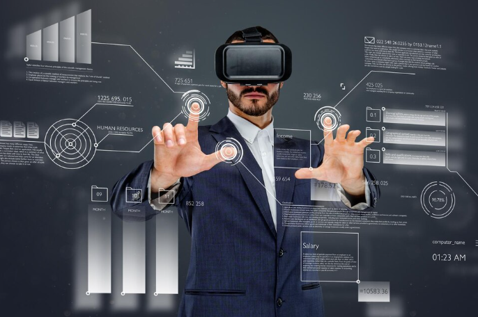 Man in suit using VR headset with futuristic data dashboard.