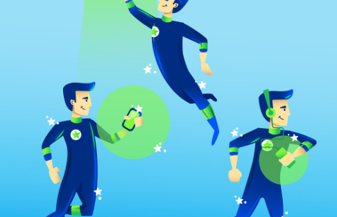Cartoon superhero performing tasks with mobile devices.
