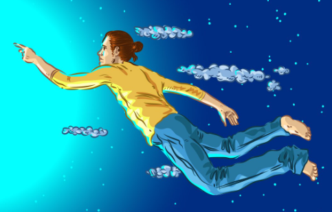 Man flying in space pointing toward bright light.