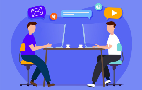 Two people exchanging digital messages on laptops.