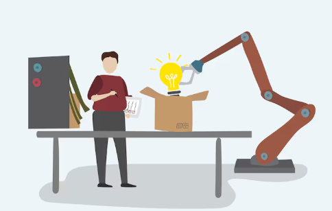 Robot arm assisting person with creative idea generation.