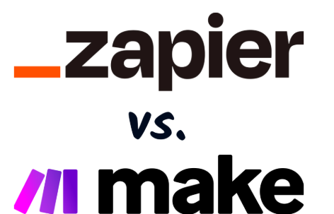 Zapier versus Make automation tools comparison graphic.