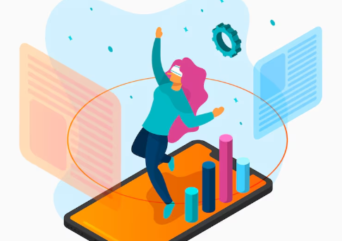 Woman using virtual reality headset with data visualization.