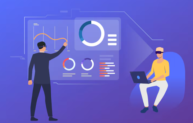 People analyzing interactive charts and graphs in VR.