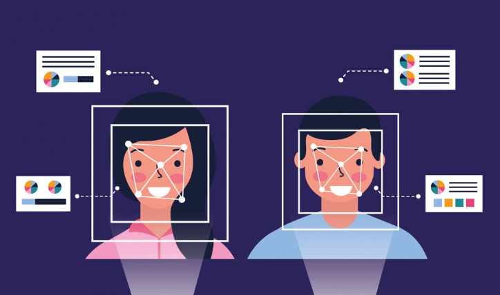 Facial recognition technology analyzing male and female faces.