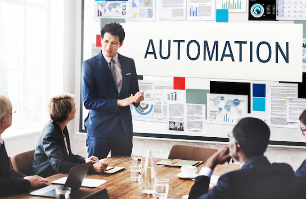 Businessman presenting automation strategy to corporate team.