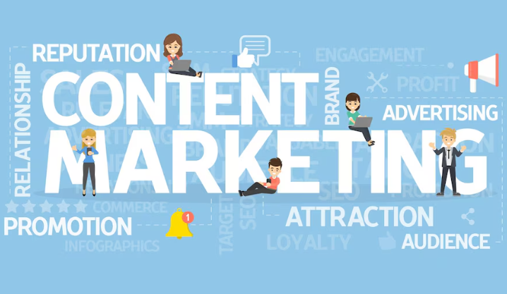 Content marketing concept with keywords and digital illustrations.