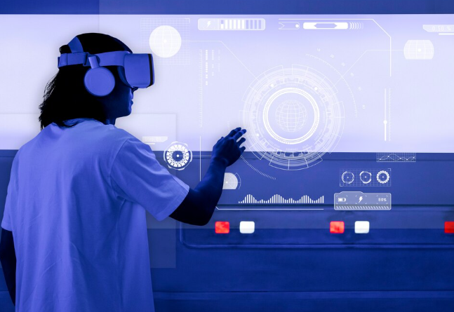 Person interacting with virtual interface.